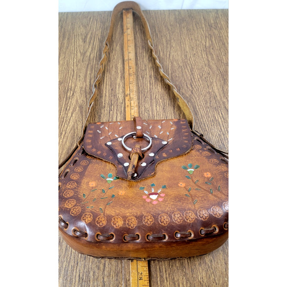 Title: Vintage 70s Handpainted Tooled Leather Shoulder Bag Boho Western Hippie - Picture 9 of 11